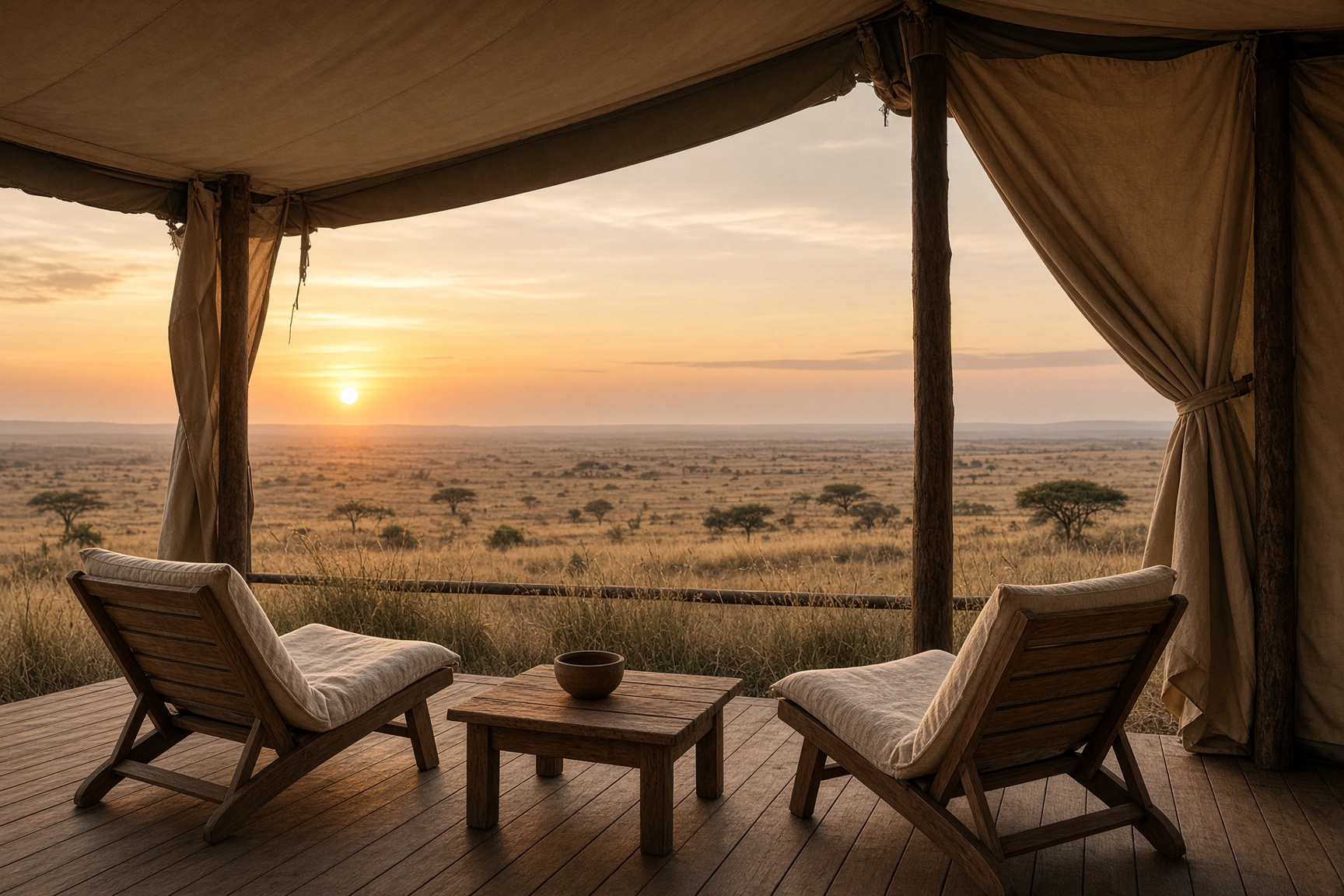 A canvas deck facing open savanna at sunrise