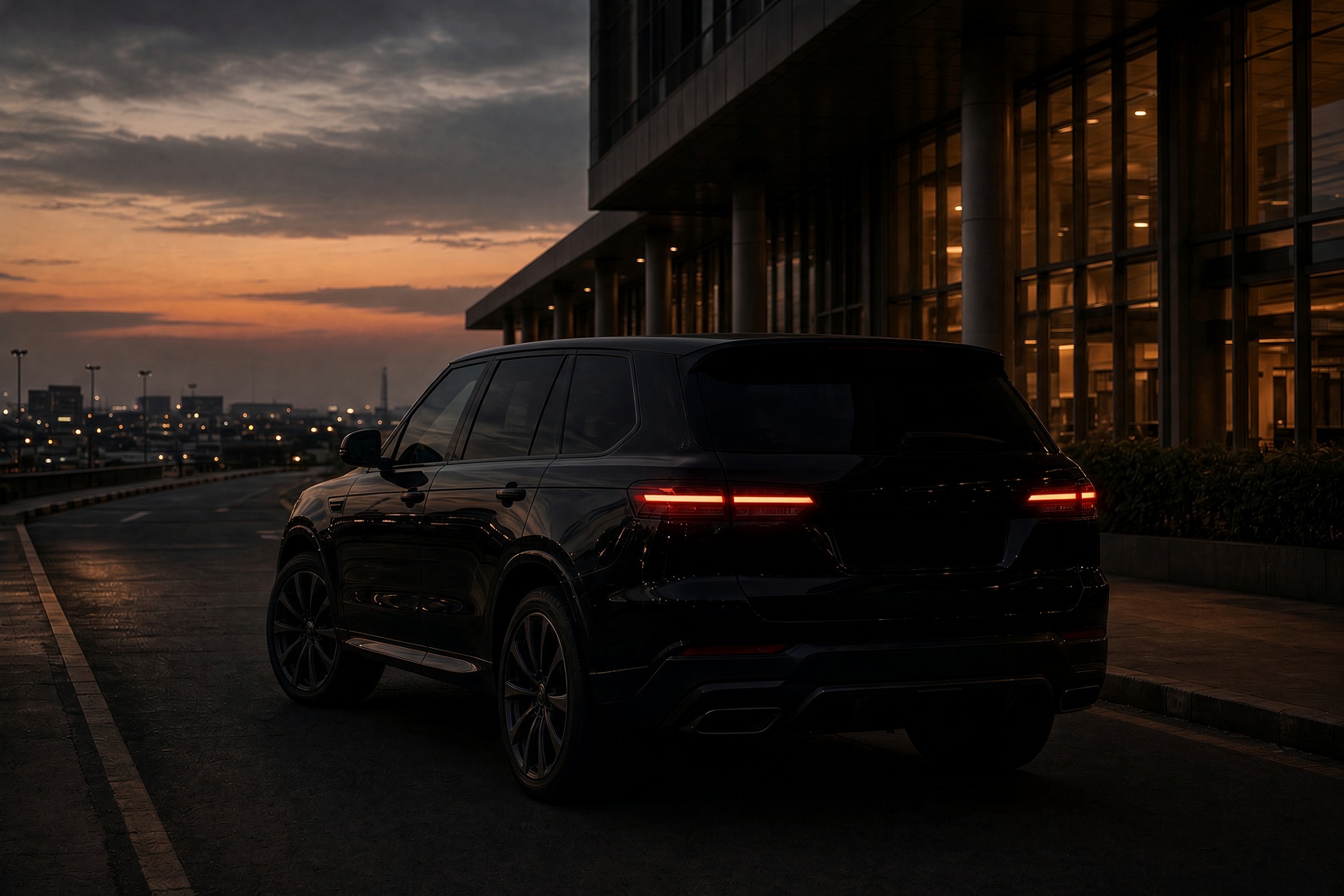 A private vehicle waiting at dusk