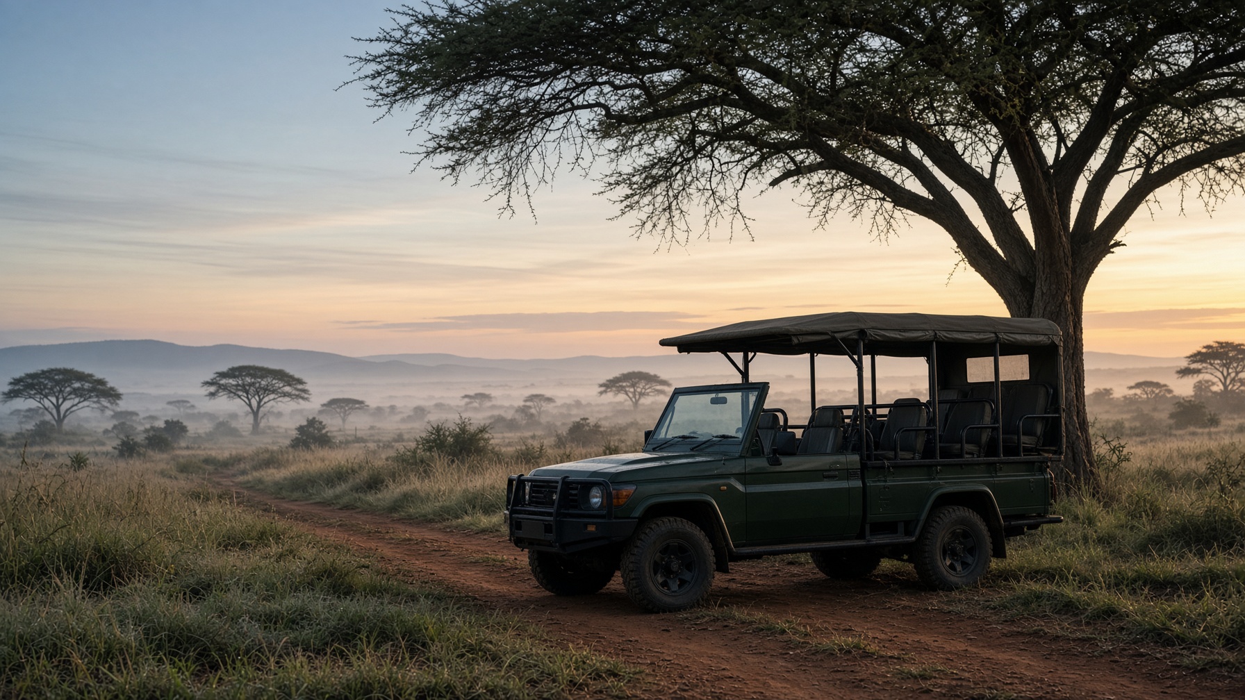 A green safari vehicle parked on a dirt track at dawn